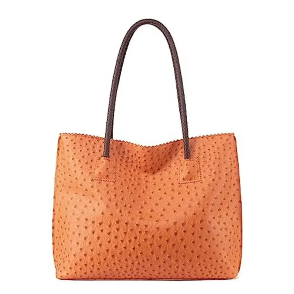VEGAN OSTRICH Style Leather Cruelty Free Large Capacity Honey Orange TOTE Bag
